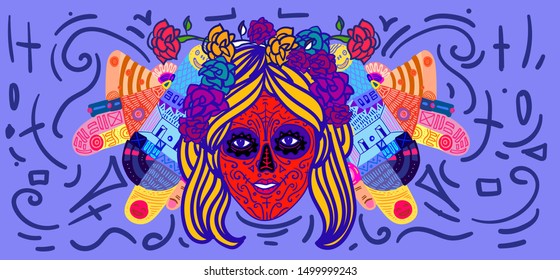 Cheerful Day of the Dead poster, Colorful Vector Woman Face Painting Skull Mask Doodle Style Illustration, Holiday's Name in Spanish and Mexico.