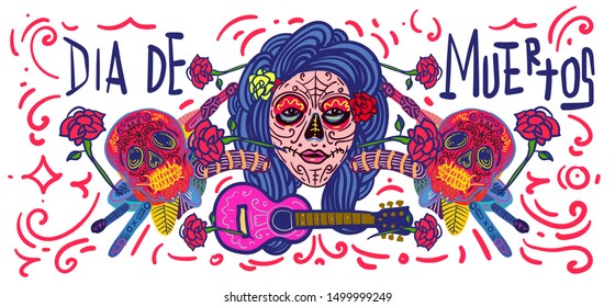 Cheerful Day of the Dead poster, Colorful Vector Woman Face Painting Skull Mask Doodle Style Illustration, Holiday's Name in Spanish and Mexico.
