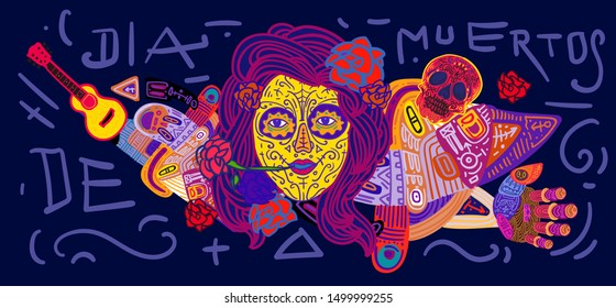 Cheerful Day of the Dead poster, Colorful Vector Woman Face Painting Skull Mask Doodle Style Illustration, Holiday's Name in Spanish and Mexico.