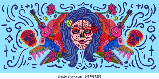 Cheerful Day of the Dead poster, Colorful Vector Woman Face Painting Skull Mask Doodle Style Illustration, Holiday's Name in Spanish and Mexico.
