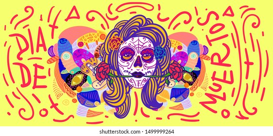 Cheerful Day of the Dead poster, Colorful Vector Woman Face Painting Skull Mask Doodle Style Illustration, Holiday's Name in Spanish and Mexico.