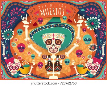 Cheerful Day of the Dead poster, colorful skeleton and skulls dancing happily in orange and turquoise tone in flat style, holiday's name in Spanish