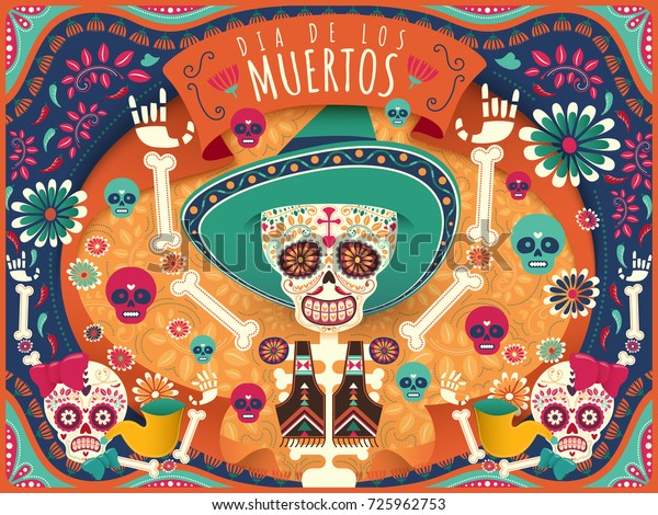 死者の日 ポスターの明るい日 カラフルな骸骨と頭蓋骨が オレンジと青緑色の音色で フラットなスタイルで幸せに踊り スペイン語で祝日の名前 のベクター画像素材 ロイヤリティフリー