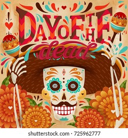 Cheerful day of the dead poster, a skeleton holding maracas with smiley expression, marigold elements