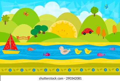 Cheerful Day Pattern - Cute playful imaginative landscape with hills, river and animals. Eps10