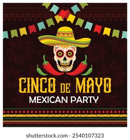 A cheerful decorated skull in a sombrero and bell peppers. Cinco de Mayo party with paper flags. Cinco de mayo concept. Flat vector illustration.