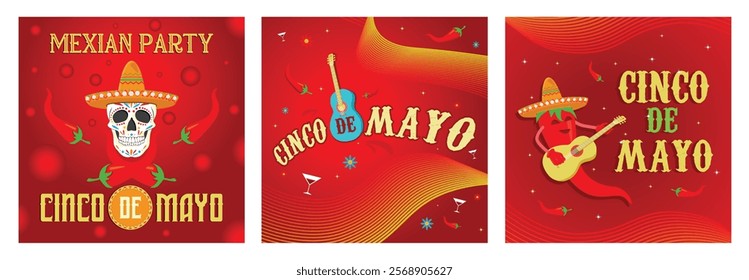 Cheerful decorated skull in a sombrero. Traditional celebration with guitar music. Cheerful Cinco de Mayo celebration. Cinco de Mayo concept. Set flat vector illustration.