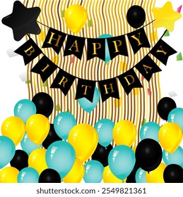 cheerful decorations such as balloons, confetti, ribbons, and a text area in the middle to add personalized messages. suitable for all ages and genders, both for children, adults