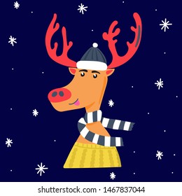Cheerful deer in a cap, sweater and scarf. New year vector illustration.