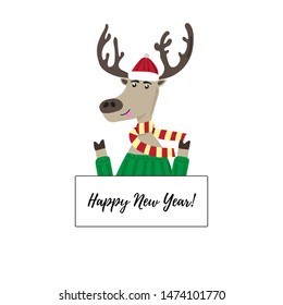 Cheerful deer in a cap, sweater and scarf. New year vector illustration.