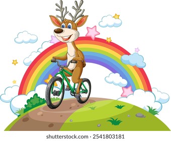 A cheerful deer cycling on a sunny day