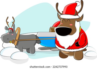 A cheerful deer dressed up as Santa Claus and is going to spread gifts to all the animals in the forest