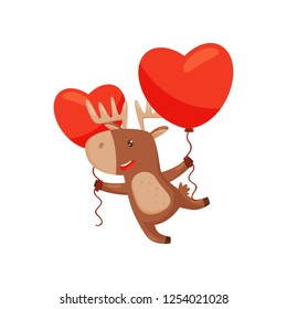 Cheerful deer flying with two red balloons in shape of hearts. Wild animal with horns. Flat vector design