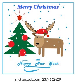 Fröhlicher Hirsch in einem Neujahrshut mit Inschriftenkarte. Neujahrskarte. Fashion Grafik Design Flachelement. Farbige Vorlage für Drucke, Karten, Poster. Vektorgrafik.