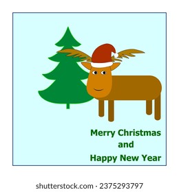 Cheerful deer in a New Year hat with an inscription card. New Year card. Fashion graphic design flat element. Colorful template for prints, card, poster. Vector illustration.