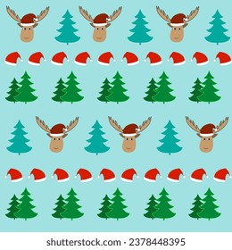 Cheerful deer in a New Year hat and tree seamless pattern