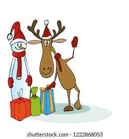 Cheerful deer and snowman on a white background with gifts! Christmas and New year background.Cartoon cute deer. Vector illustration of funny happy animal.