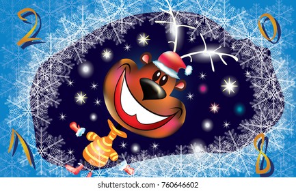 cheerful deer surrounded by white snowflakes peeps out into the frosty window, a wide smile sets a good mood, came the New Year holidays, there is an inscription - 2018