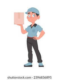 Cheerful Delivery Man with Parcel in Cartoon Vector Style. Smiling Male Courier in Blue Uniform Holding Paper Box. Express Delivery Concept.