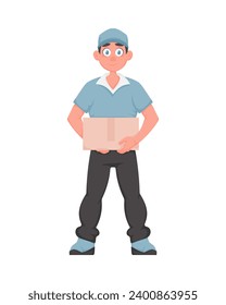 Cheerful Delivery Man with Parcel in Cartoon Vector Style. Smiling Male Courier in Blue Uniform Holding Paper Box. Express Delivery Concept.