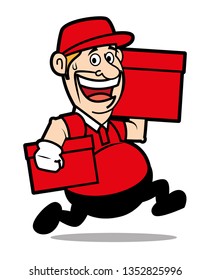 Cheerful delivery man wears red cap delivery the parcels isolated on white background - Vector
