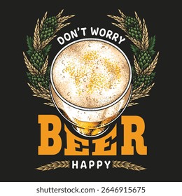 A cheerful design showcases a frothy beer glass surrounded by hops and wheat promoting a lighthearted message of joy. This image embodies a relaxed atmosphere perfect for gatherings.