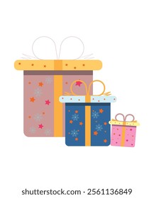 A cheerful design showcasing multicolored gift boxes with ribbons and star patterns. Perfect for event designs, invitations, or holiday themes.