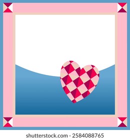 Cheerful design for Valentine's Day. Repeated pattern of small squares and triangles. In the colors purple, pink, and blue. Playful concept,  for celebrating Valentine's Day. Card, Poster, Cover, idea