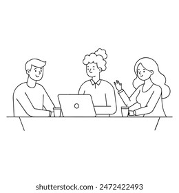 Cheerful designers having a meeting in an office, One continuous single line hand drawing.