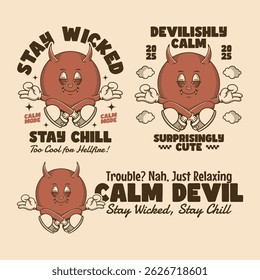 Cheerful devil illustrations with playful chill quotes for casual and streetwear t shirt designs