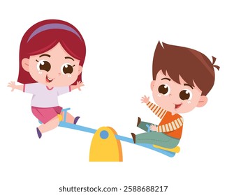 A cheerful digital illustration of a boy and girl joyfully playing on a seesaw at the playground.