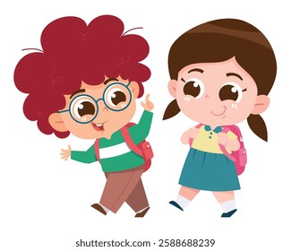 A cheerful digital illustration of two happy children walking together with backpacks, ready for school.