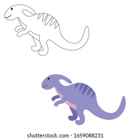 Cheerful dinosaur in color and outline isolated on a white background. Jurassic period. Stock vector illustration for decoration and design, postcards, fabrics, packaging, coloring, children's textile