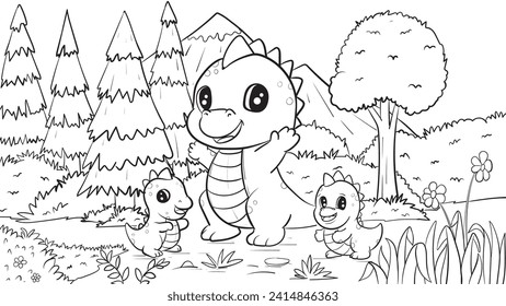 cheerful dinosaur coloring page with tree and leaves , high quality