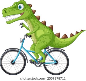 A cheerful dinosaur cycling on a blue bike