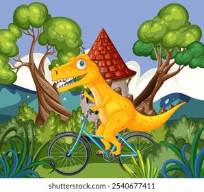 A cheerful dinosaur cycling through a lush forest