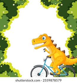 A cheerful dinosaur cycling through lush greenery