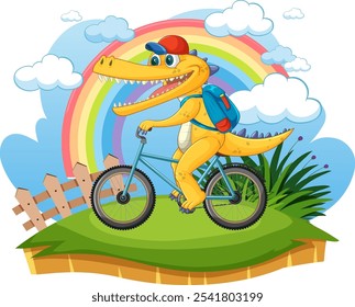 A cheerful dinosaur cycling under a rainbow