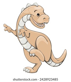 A cheerful dinosaur, dancing. A cute prehistoric animal, on an isolated background.