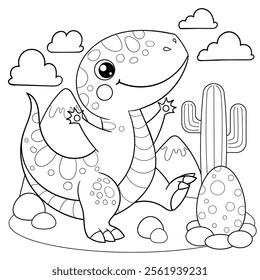 A cheerful dinosaur with an egg against a landscape background. Black and white line drawing. Isolated on a white background. For children's design of coloring books, prints, posters, cards, stickers,