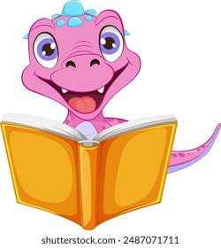 Un dinosaurio alegre disfrutando de un buen libro