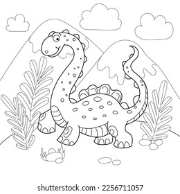 Cheerful dinosaur with a long neck on the background of the landscape. Black and white line drawing. For the design of coloring books, postcards, prints, posters, puzzles, games and so on. Vector