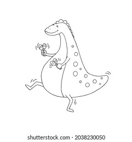 Cheerful dinosaur with maracas. Dancing dragon. Reptile. Music and dancing. Relaxation and fun. Vector. Doodle. Hand-drawn illustration. Silhouette. Black and white outline. Coloring.