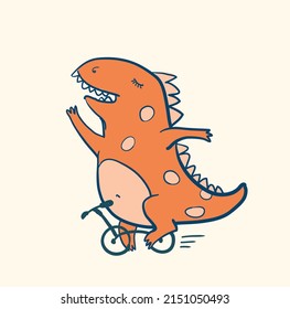 cheerful dinosaur rides a bicycle. cartoon