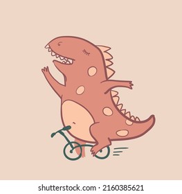 cheerful dinosaur rides a bicycle. cartoon