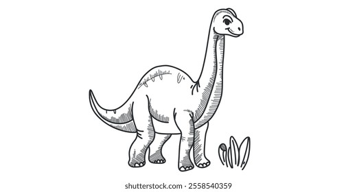 cheerful dinosaur with simplified outline and doodle details