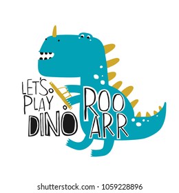 Cheerful Dinosaur With A Toy Car. T-shirt Graphics For Kids Vector Illustration. Little Dino Vector Illustration.