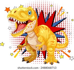 A cheerful dinosaur with a vibrant comic backdrop