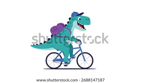 A cheerful dinosaur wearing a backpack and cap rides a bicycle.