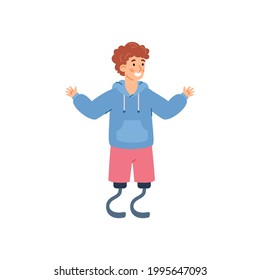 Cheerful disabled boy with prosthetic limb, cartoon vector illustration isolated on white background. Children with disability and special needs concept.